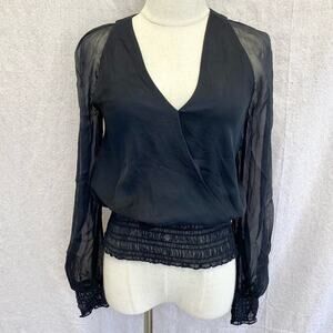 Halston Heritage black silk surplice peasant top with smocked band/cuffs‎ size 0